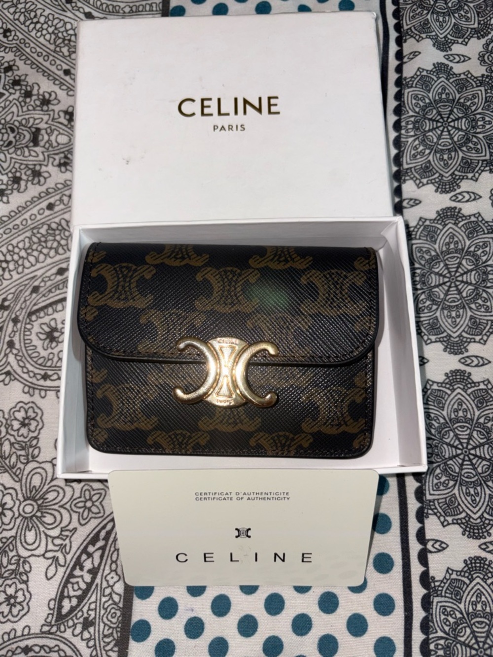Celine Small Triomphe Card Case in Brown and Gold